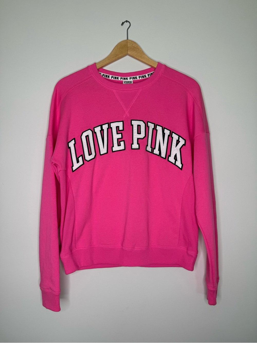 Victoria’s Secret PINK Love Pink Varsity Crewneck Sweatshirt XS Hot Pink